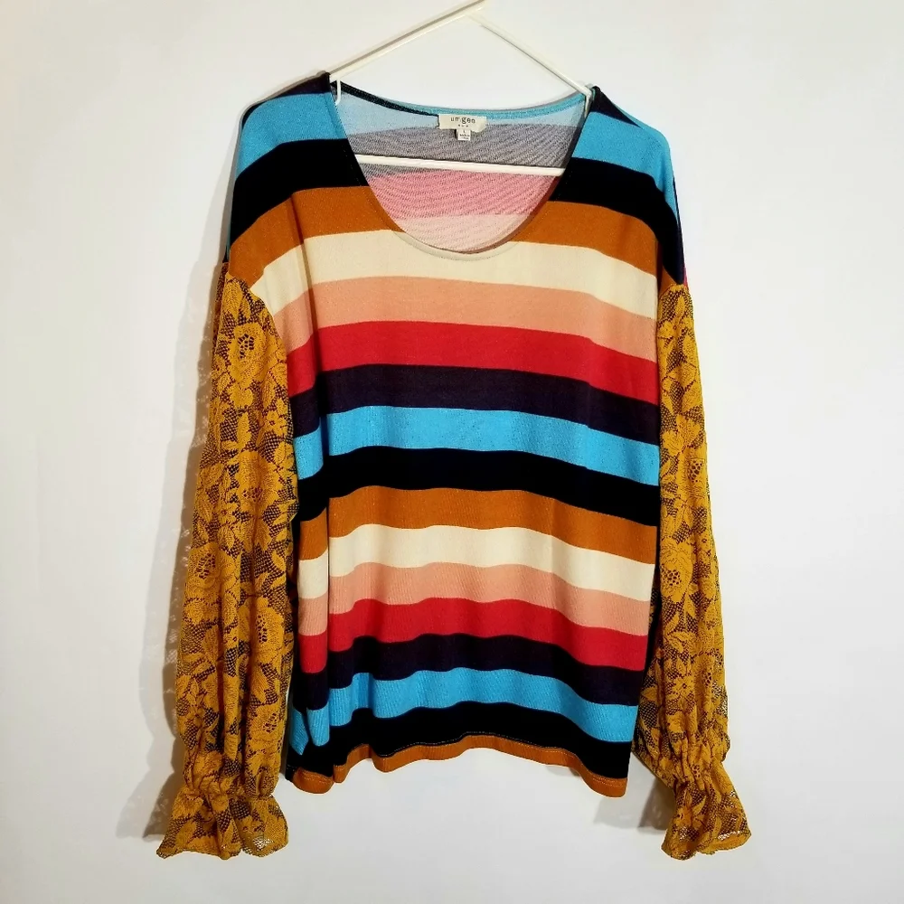 UMGEE Sweater Women's Large Striped Floral Lace Mustard Yellow Sleeves Blue Red